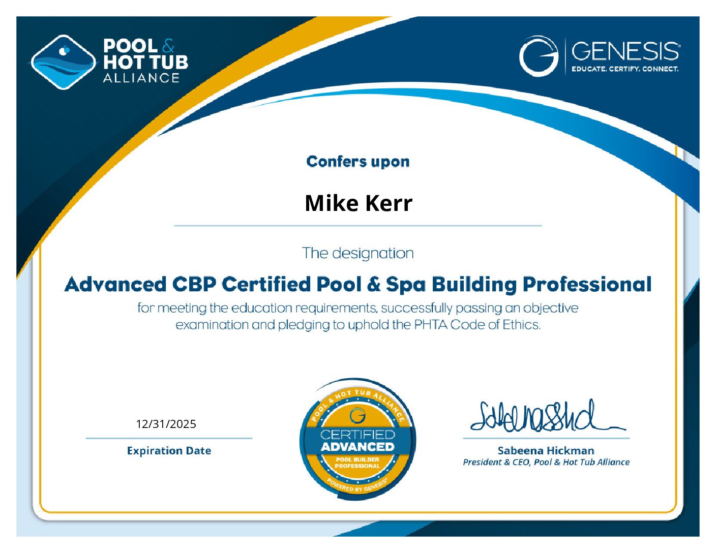 Advanced CBP Certified Pool & Spa Building Professional Certification for Mike Kerr